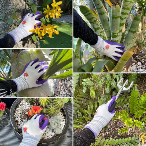 Vista 4 de ArtAK Guantes de jardinería para mujer, 3 pares, ligeros y transpirables, revestimiento de nitrilo, flexibles y protectores, lavables a máquina