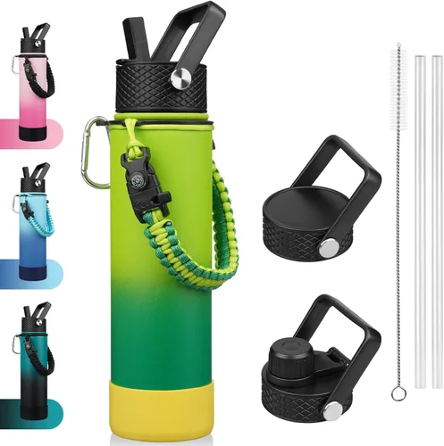 Vista 9 de BJPKPK - Botella de agua con tapa de popote, botellas de agua aisladas de 18 onzas con 3 tapas, asa de cuerda de paracaídas y base antideslizante