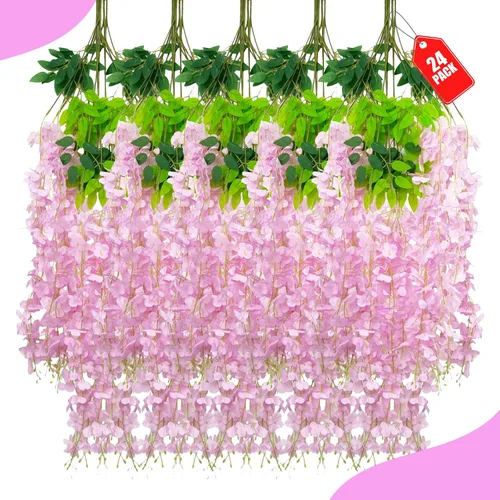Vista 71 de Paquete de 12 flores colgantes de glicina rosa, flores colgantes falsas de 3.44 pies, guirnalda de glicina artificial para decoración de boda, telón