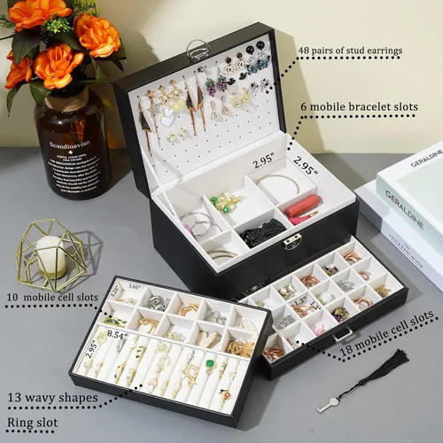 Vista 2 de BOOVO Joyero de aretes para mujer y niña, organizador de aretes de 5 capas, caja organizadora de joyas con cerradura para aretes, organizador