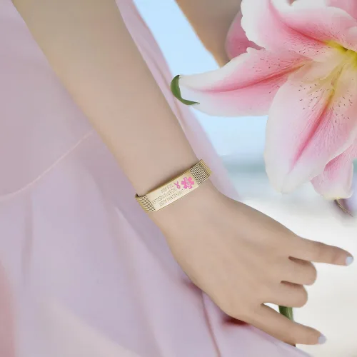 Vista 8 de Pulsera de alerta de linfedema, ajustable, malla de acero inoxidable, sin bp, sin agujas, para mujeres, pulseras médicas de emergencia para cáncer