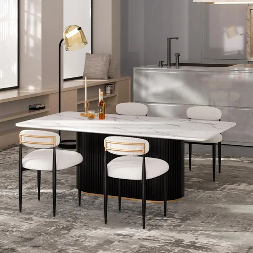 Vista 12 de Juego de mesa de comedor moderno Morden Fort para 4, mesa de cocina de 70" con tapa rectangular de mármol y base estriada negra, 4 sillas tapizadas