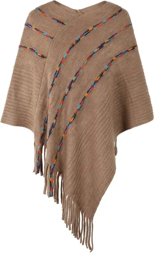 Vista 6 de Poncho de punto elegante para mujer con patrones de rayas y lados con flecos suéter de otoño para mujer