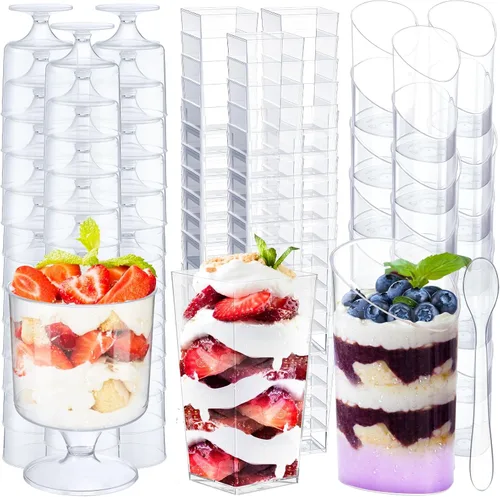 Vista 9 de Paquete de 100 mini tazas de postre con cucharas, pequeñas de plástico transparente de 3 onzas, inclinadas y redondas, vasos desechables tipo