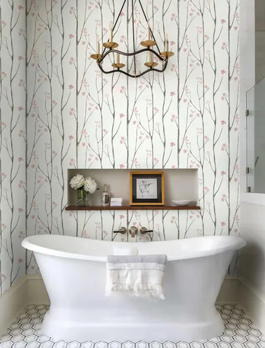 Vista 5 de Timeet - Papel pintado floral blanco y rosa, papel de pared moderno, papel de contacto para despegar y pegar, autoadhesivo, extraíble