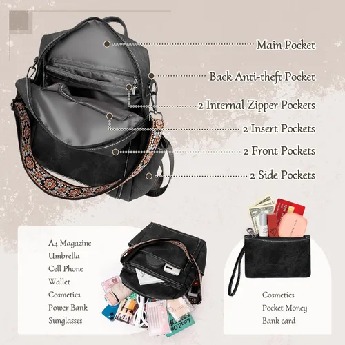 Vista 3 de Mochila para mujer, mochila impermeable de piel sintética, ligera, a la moda, multiusos, convertible, mochila de viaje, bolso de hombro, color negro