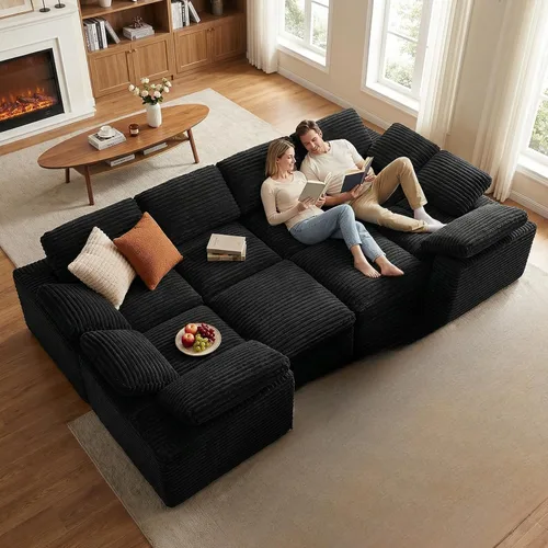 Vista 22 de KKL Sofá modular de 150 pulgadas, sofá modular en forma de U con otomana, sofá de pana sin hueso para sala de estar y dormitorio, sofá modular Negro