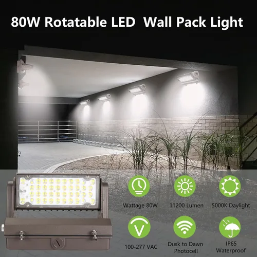 Vista 2 de Paquete de luz LED giratoria de pared con fotocélula del anochecer al amanecer, 80W 11200LM 400-600W HPS/HID Equiv., 5000K luz diurna ETL