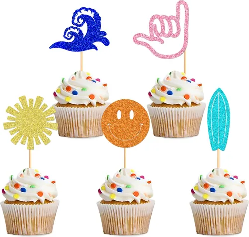 Vista 19 de Ercadio Paquete de 24 adornos para tartas de flamencos hawaianos con purpurina rosa, flamencos Luau, decoración hawaiana tropical de verano, Aloha