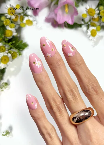 Vista 5 de AutyaMee Tiras de uñas de gel semicuradas (abeja y flor), 20 unidades de envolturas de uñas de gel, calcomanías, rosa nude, calidad de salón
