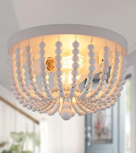 Vista 10 de Q&S Lámpara de araña bohemia de cuentas de madera empotrada en el techo para guardería, dormitorio de bebé, cocina, pasillo, acabado blanco roble, 2