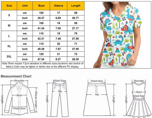 Vista 3 de Camisetas divertidas de trabajo con diseño de calabaza y gato para mujer, blusa de manga con cuello en V, uniforme de trabajo con 2 bolsillos, A11