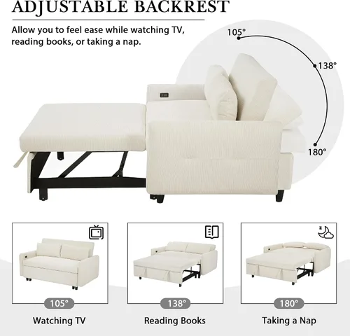 Vista 6 de KLMM Moderno sofá cama extraíble de 57.48 pulgadas, sofá cama convertible con 3 niveles de respaldo ajustable, dos almohadas y puertos USB