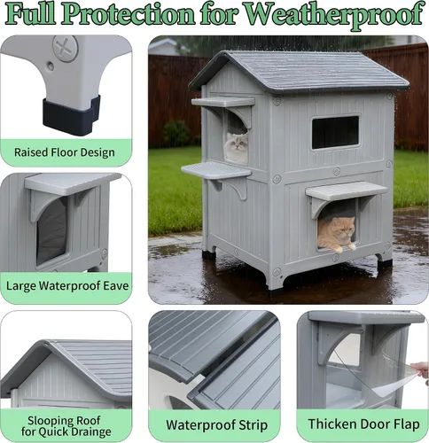 Vista 4 de Casa para gatos al aire libre, resistente a la intemperie, casas de plástico para gatos con puerta de escape, 2 pisos para interiores, impermeable