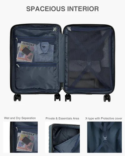 Vista 8 de LUGGEX Equipaje de mano con compartimento para laptop, maleta rígida de policarbonato con cargador y puerto USB integrado, equipaje expandible