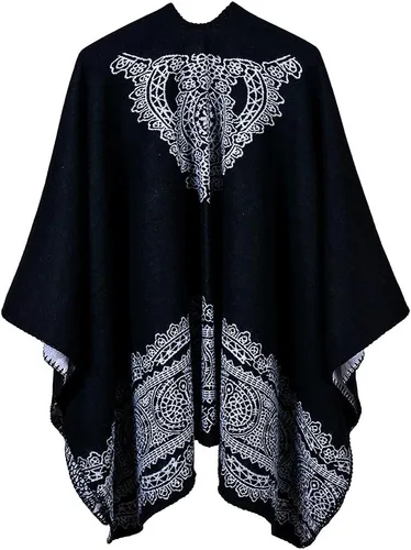 Vista 2 de Chal estilo poncho con frente abierto con patrón vintage, capa para mujer