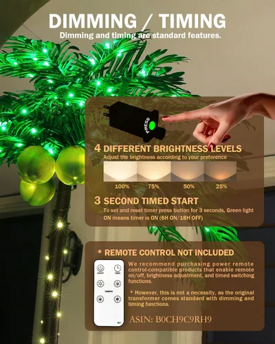 Vista 2 de TYBEEU Palmera iluminada de 1,5 metros con 136 luces LED con cocos brillantes - Atenuable, certificación UL, resistente al agua - Ideal