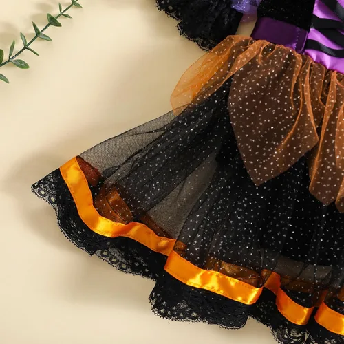 Vista 8 de Disfraz de bruja de Halloween para niña pequeña, vestido de tul con manga abombada, vestido de tul con falda tutú de encaje, traje de fiesta