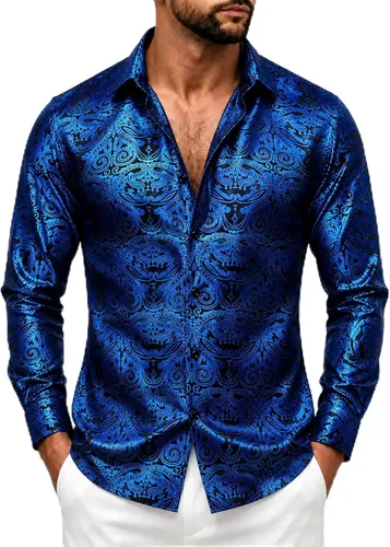 Vista 52 de DiBanGu Camisa de vestir de paisley de seda para hombre, formal, de manga larga, con cuello abotonado, camisas informales para fiesta de boda Negro