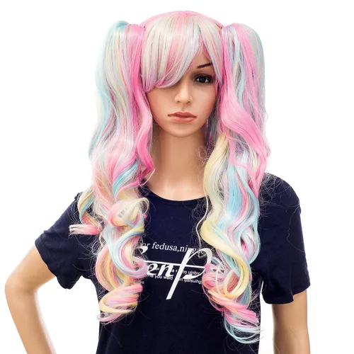 Vista 7 de SWACC Peluca larga y rizada de doble garra con clip en cola de caballo sintética pastel colorida para cosplay, peluca de fiesta diaria para mujeres