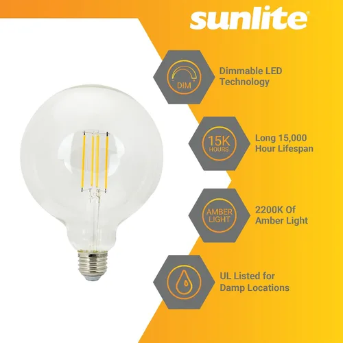 Vista 3 de Sunlite 81139 Bombilla LED G40 Edison Globe 81139, 8.5 vatios (100 W = ), base E26 estándar, 800 lúmenes, regulable, vidrio transparente, filamento