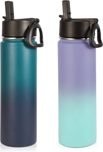 Vista 14 de Volhoply Botellas de agua aisladas de 22 onzas con tapa con popote, botella deportiva de acero inoxidable con asa, vasos de agua de viaje de metal