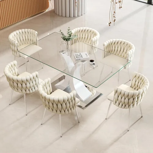Vista 20 de Juego de comedor moderno de vidrio de lujo de 5 piezas, juego de cena rectangular minimalista grande para 4, juego de mesa de cocina de vidrio
