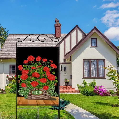 Vista 4 de Fukeen Bandera de bienvenida con flores rojas de doble cara, 28 x 40 pulgadas, fondo negro con geranio, amapola floral, hojas verdes, plantas