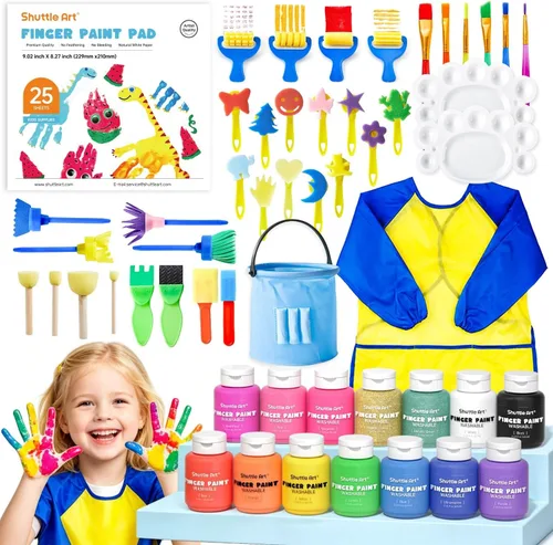 Vista 8 de Shuttle Art Juego de pintura de dedos lavable, 37 piezas con 10 colores (2 fl oz), pintura no tóxica para niños pequeños, pinceles de pintura