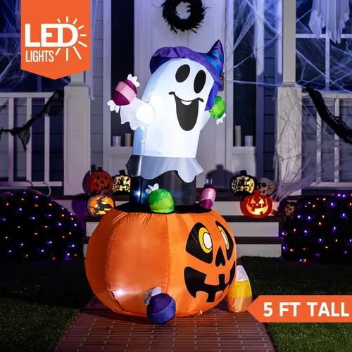 Vista 2 de Joiedomi Fantasma inflable de Halloween de 5 pies de alto para decoración al aire libre, fantasma inflable de caramelo en calabaza con luces LED