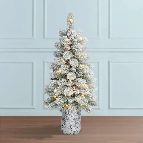 Vista 3 de Árbol de pino noruego flocado B/O de 3.5 pies, 91 puntas, 50 luces LED blancas cálidas (3 pilas AA no incluidas), función de temporizador