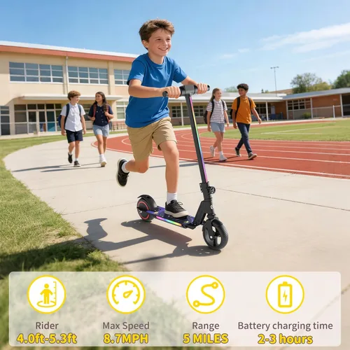 Vista 4 de SIMATE Electric Scooter for Kids 6-14, e Kick Scooter with LED Display and Colorful Lights, Adjustable Height and Foldable, Double Brake, Gifts for