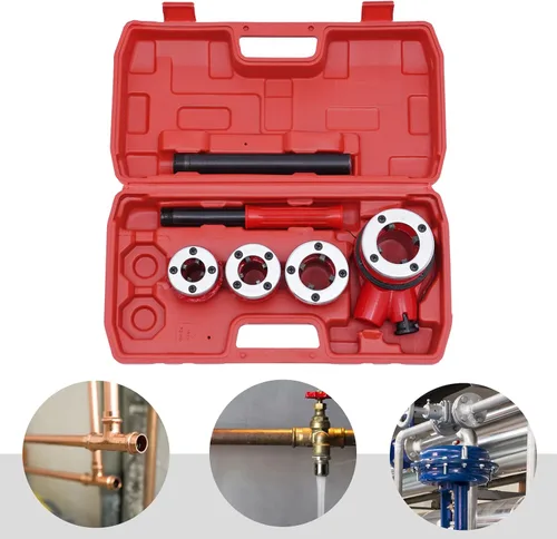 Vista 2 de Kit de enhebrador de tubería de trinquete, roscado manual de tubería de corte de hilo de acero, fontanero BSPT de 1/2''-1-1/4'' con estuche