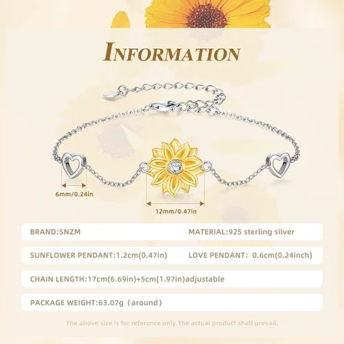 Vista 4 de SNZM Pulseras para mujer de plata de ley 925 con diseño de girasol, cadena ajustable con dije de corazón, eslabones de cumpleaños, joyería