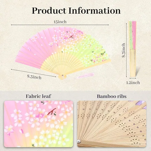Vista 7 de JOHOUSE 4 abanicos plegables de tela floral con borla, elegantes abanicos de boda para invitados, ventilador plegable chino, ventilador de mano