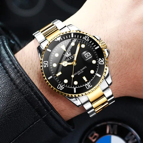 Vista 2 de OLEVS Relojes para hombre con fecha, de lujo, de cara grande, impermeable, reloj analógico, de acero inoxidable, dos tonos, reloj luminoso