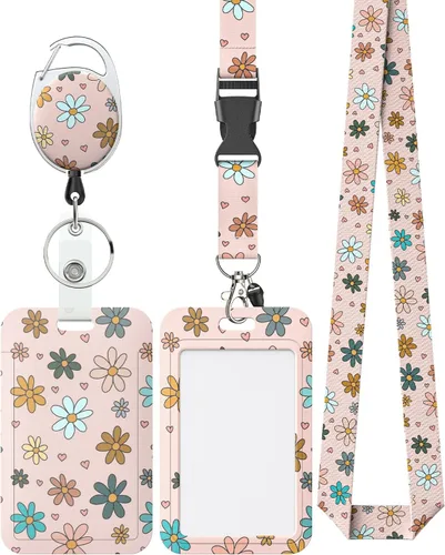 Vista 16 de Uniclife Porta credenciales deslizante floral con carrete retráctil y mosquetón con clip para cordón desmontable, protector de tarjeta vertical
