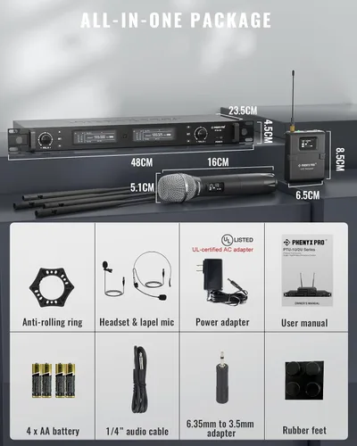 Vista 7 de Phenyx Pro Sistema de micrófono inalámbrico, set de micrófonos inalámbricos dual True Diversity con micrófonos de mano/bodypack/auricular/solapa