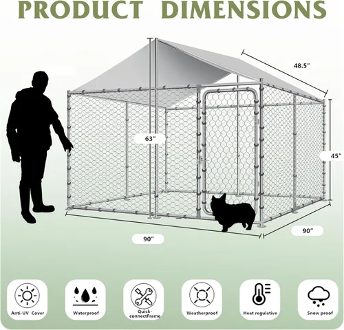Vista 7 de Grepatio Perrera exterior para perros con carcasa impermeable para perros grande, jaula de acero galvanizado con bloqueo seguro