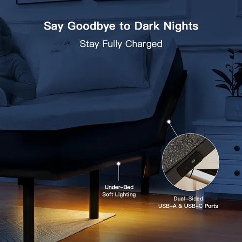 Vista 2 de Pipishell - Somier ajustable individual XL con masaje, base de cama eléctrica con inclinación de la cabecera y las patas, puertos USB-A y USB-C
