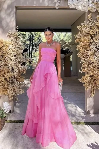 Vista 3 de Vestidos de fiesta sin tirantes largos con cordones en la espalda vestido de tul mujeres formal A-Line tubo volante DR0181