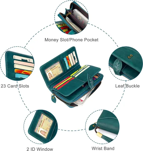 Vista 6 de CONISY Cartera RFID para mujer, de gran capacidad, cartera larga de cuero para tarjetas de crédito con correa de muñeca
