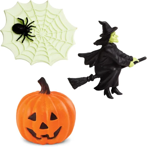 Vista 5 de Safari Ltd. Toob de Halloween que brilla en la oscuridad – Mini figuras: murciélago, gato, esqueleto, fantasma, bruja, caldero, araña, calabaza