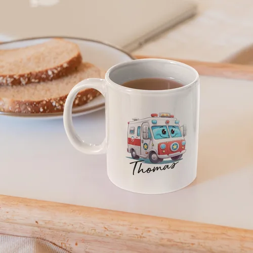 Vista 3 de Taza de café de ambulancia personalizada, taza de té blanca ambulancia de 11 onzas y 15 onzas, taza de café de cerámica personalizada con nombre
