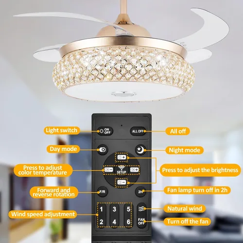 Vista 7 de WWahuayuan Ventilador de techo invisible retráctil de 42 pulgadas con luz y altavoz Bluetooth, candelabro ventilador Bluetooth moderno con control
