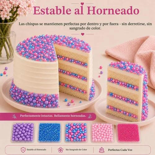 Vista 4 de Confect Gránulos decorativos para tartas Mezcla de grageas rosa intenso, rosa bebé y morado Azúcar brillante azul profundo Gránulos
