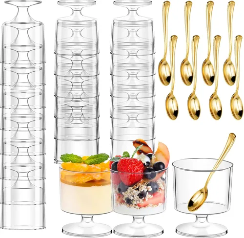 Vista 9 de DI QIU REN 120 Piezas Vasos de Postre de 5oz con Cuchara Dorada, Vaso de Plástico Transparente para Postre Parfait Aperitivo Pudín, Copas Redondas