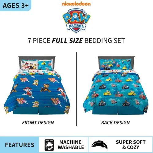 Vista 3 de Franco Juego de edredón y sábanas súper suaves con funda para niños, 7 piezas, tamaño matrimonial, Paw Patrol y cortinas para habitación de niños
