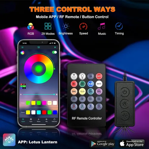 Vista 3 de Jushope - Luces LED para automóvil, luces interiores con control inalámbrico por aplicación/control remoto RF/botón, kit de iluminación ambiental