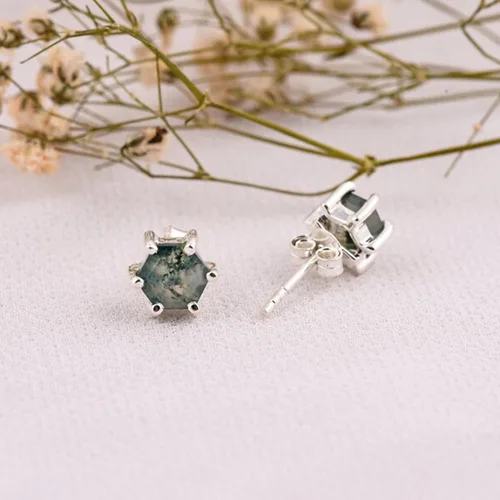 Vista 2 de Hexagon Cut moss agate studs, Natural moss agate earring, moss agate earring, nature earrings, 925 sterling silver stud,moss jewelry Free Ship